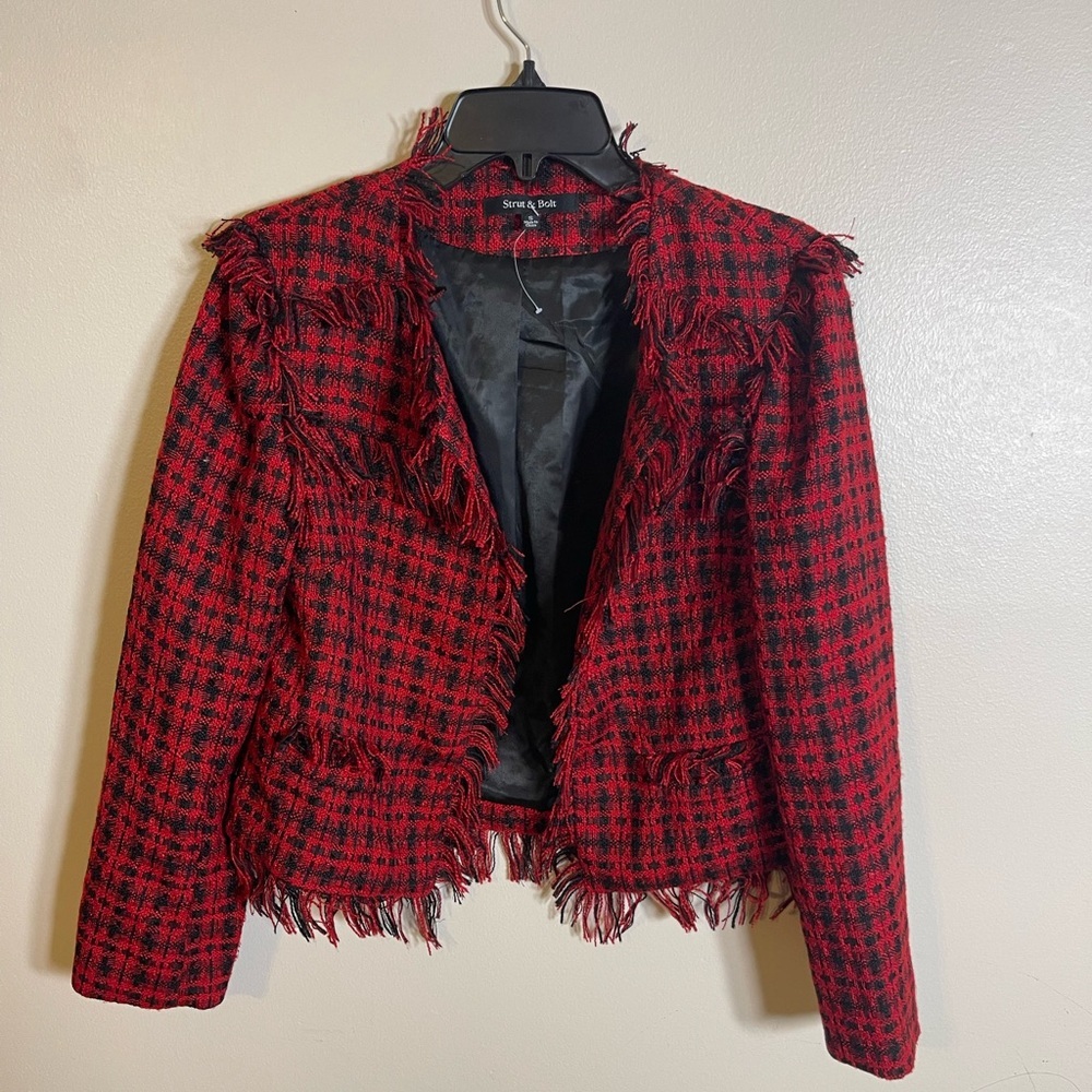 Strut & Bolt Tweed Red and Black Fringed Blazer Small